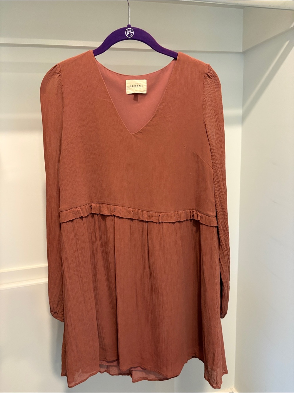 Sezane Rose-Tone Long-Sleeve V-Neck Mini Dress